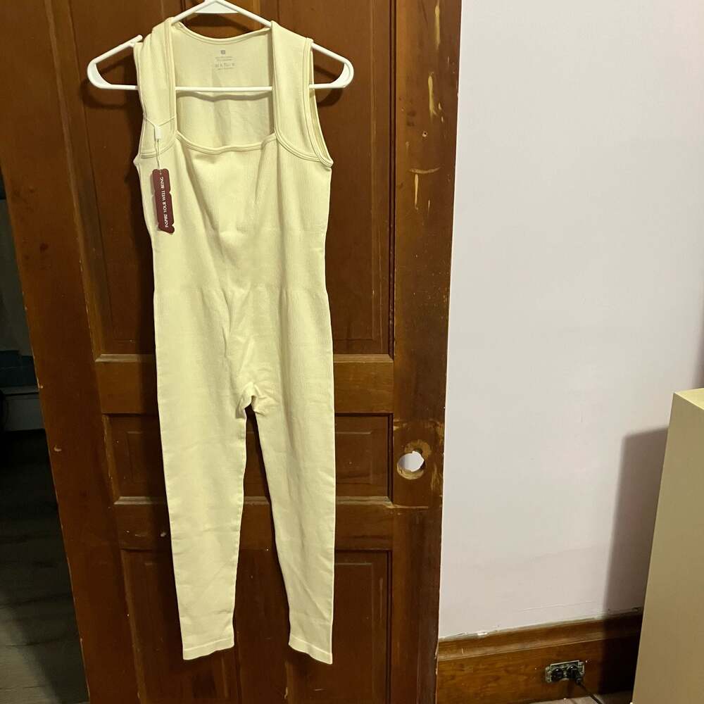 VertVie Seamless Ribbed Square Neck Yoga Workout Jumpsuit in Butter Yellow